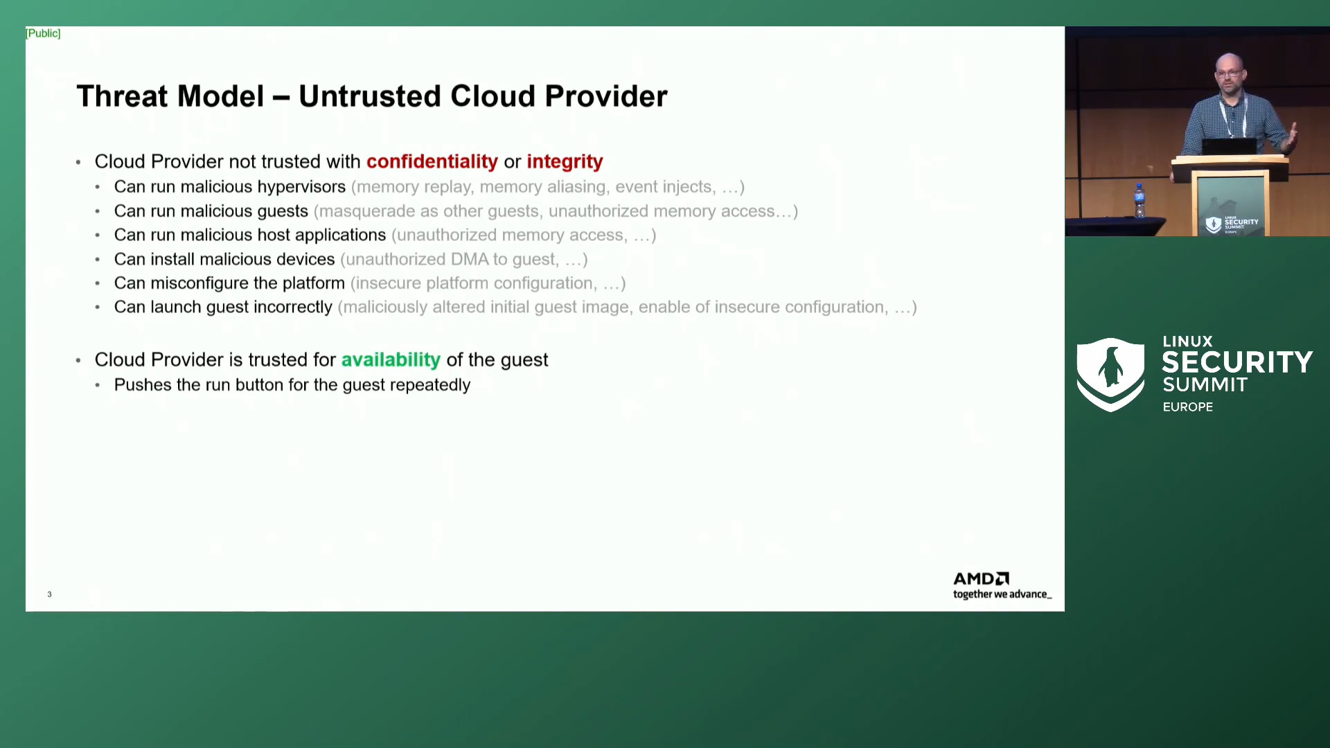Image of Jeremy Powell identifying Untrusted Cloud Provider as the primary threat model for AMD SEV-SNP